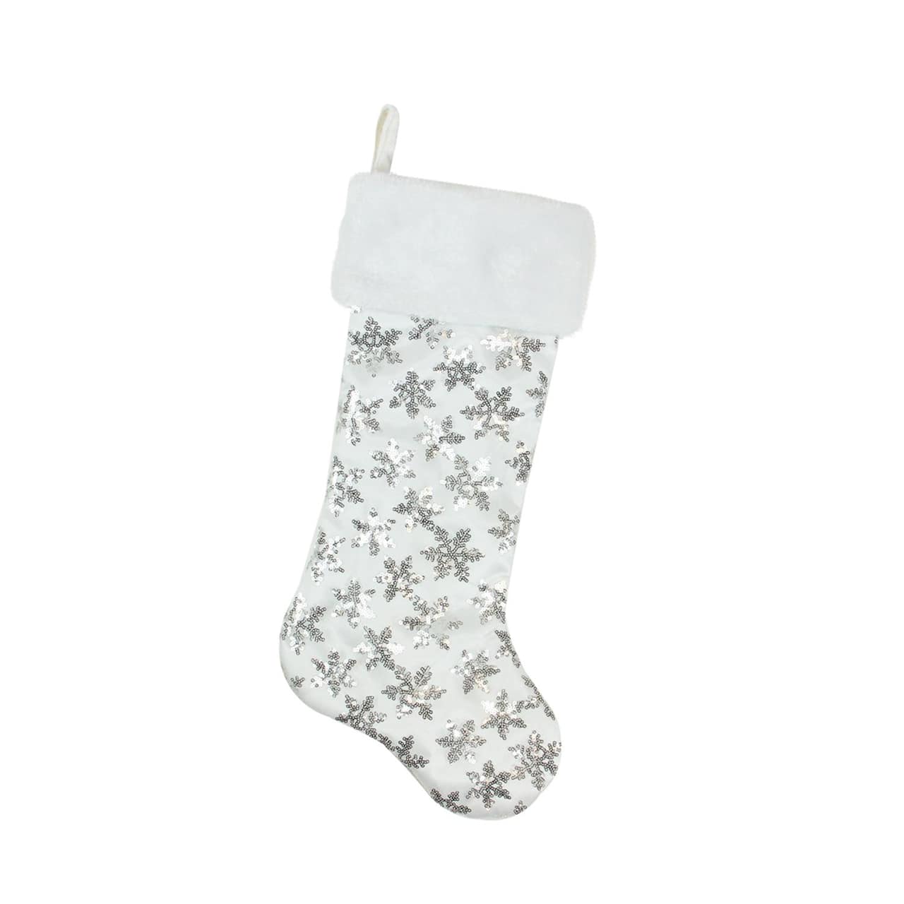 20.5" Sequin Snowflake Stocking With White Faux Fur Cuff, White & Silver